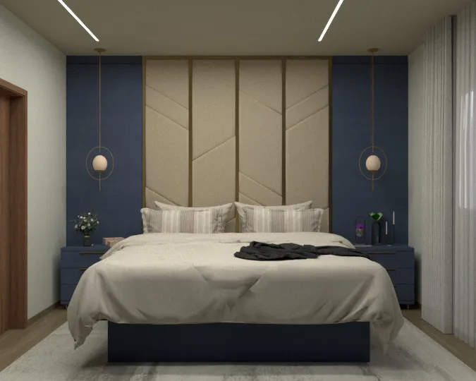 Quarto Elegante com Painel Geométrico