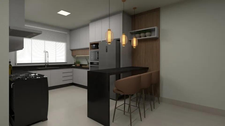 Cozinha Moderna com Ilha e Bancada Preta