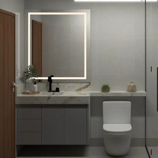 Banheiro Minimalista com Mármore e Iluminação